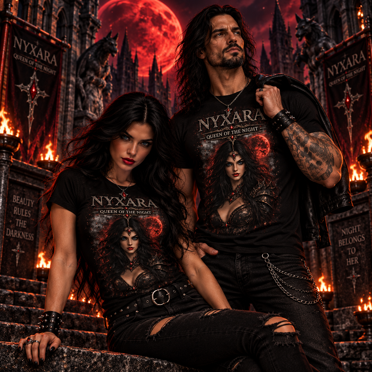 Models wearing Nyxara Queen of the Night T-shirts