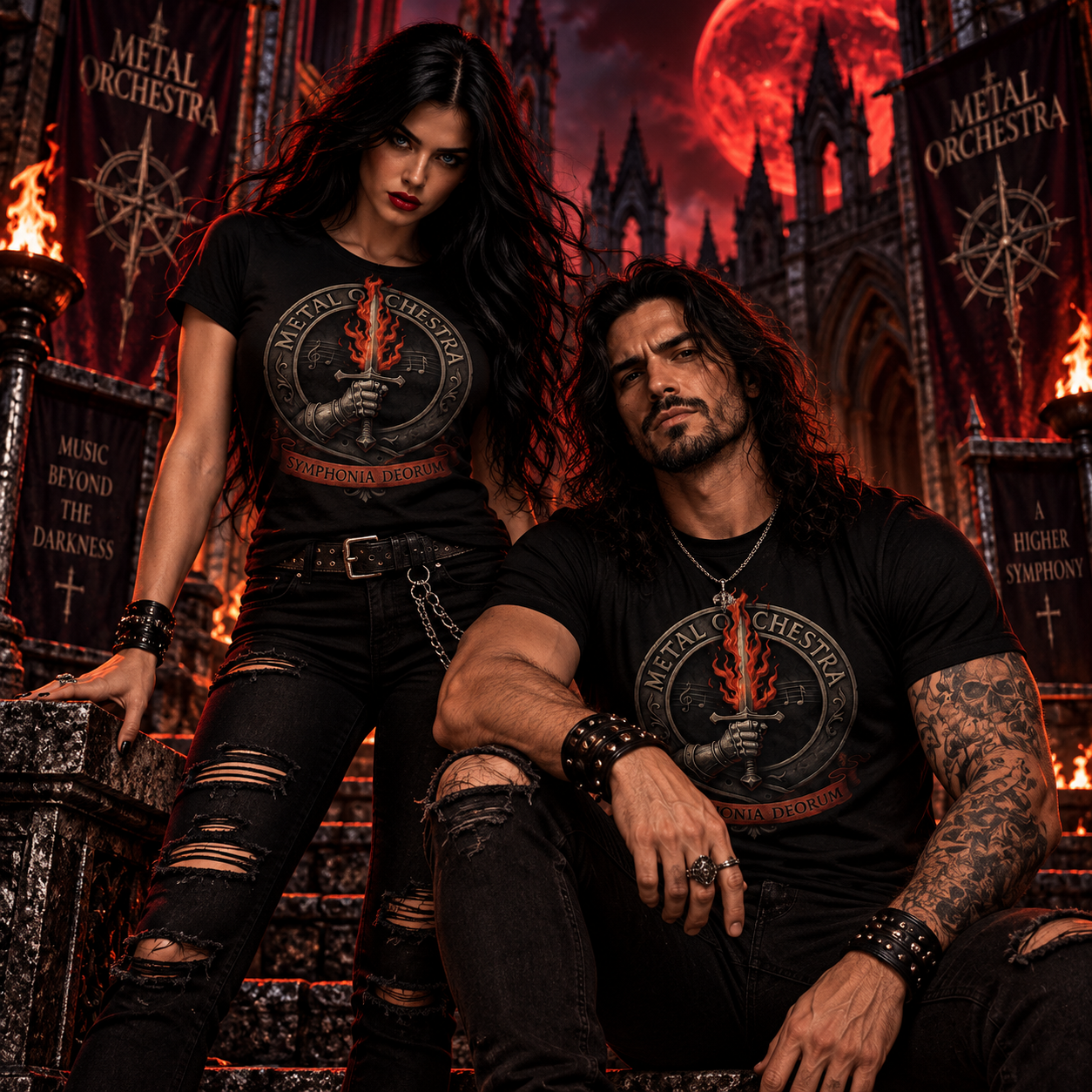Models wearing Metal Orchestra Symphonia Deorum T-shirts